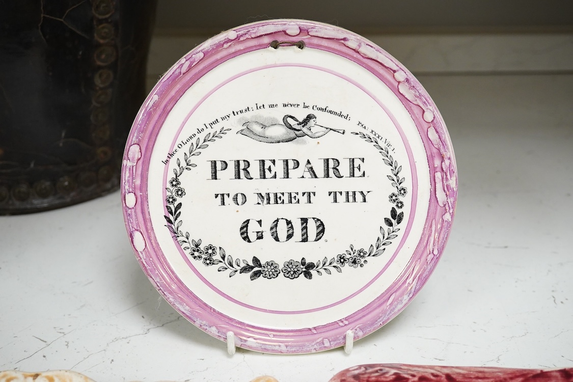 Five Victorian lustre religious wall plaques to include two ‘Prepare to meet thy god’, largest 24cm wide